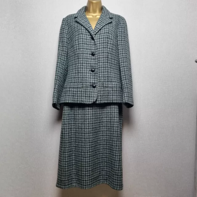 Vintage Jaeger Skirt Suit Size 14 Pure Wool Houndstooth Blue Midi Skirt Blazer