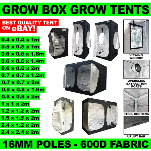Grow Box Grow Tents With 16mm Poles - 600D Fabric - Range of Heights - Quality