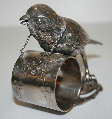 Victorian Silver Plated Napkin Ring Large Robin On Open Floral Base