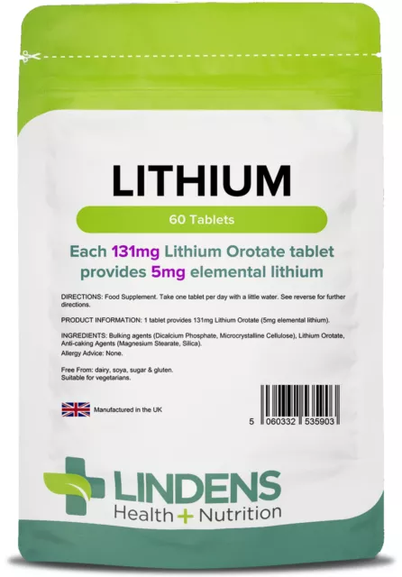 Lithium 5mg - 60 Tablets - From Lithium Ortate - [Lindens 5903]