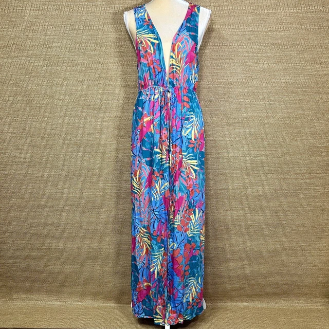 Kona Sol Open Tie Front Sleeveless Maxi Cover Up Womens S/M Multicolor Tropical