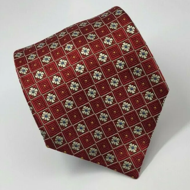 Jos A Bank Silk Tie Red Silver Blue Geometric Men Necktie 62 x 3.75
