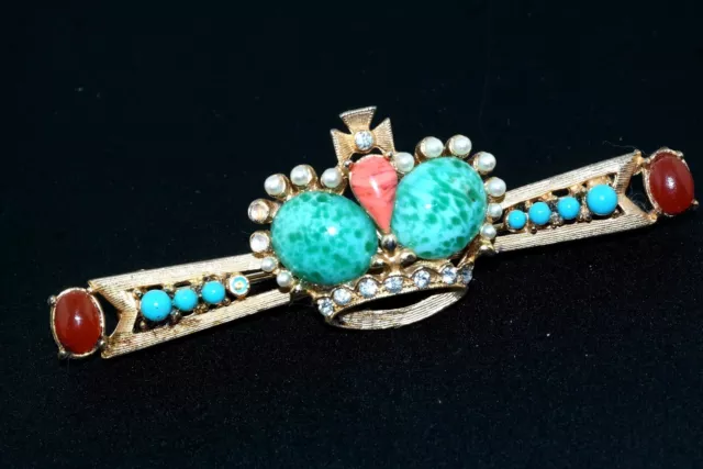 Vtg Peking Coral Turquoise Glass Gold Tone Crown Brooch Pin