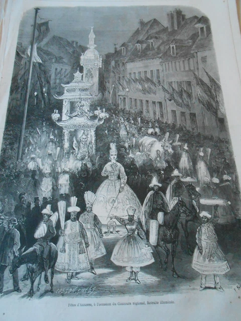 Gravure 1861 - Fêtes d'Auxerre concours régional retraite illuminée
