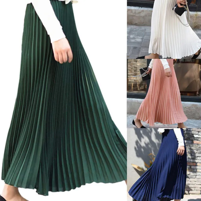 Ladies Chiffon Long Skirt Summer Pleated Elastic High Waist Double Layer Skirt