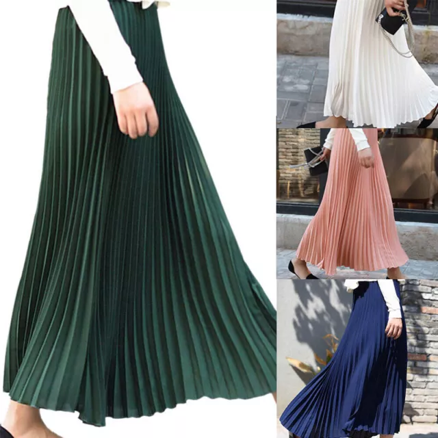 Women's Chiffon Long Skirt Summer Pleated Elastic High Waist Double Layer Skirt