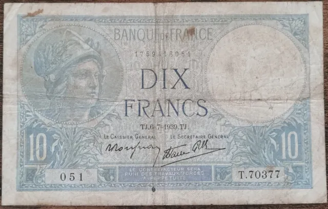 Billet 10 francs MINERVE  6 - 7 - 1939 France T.70377