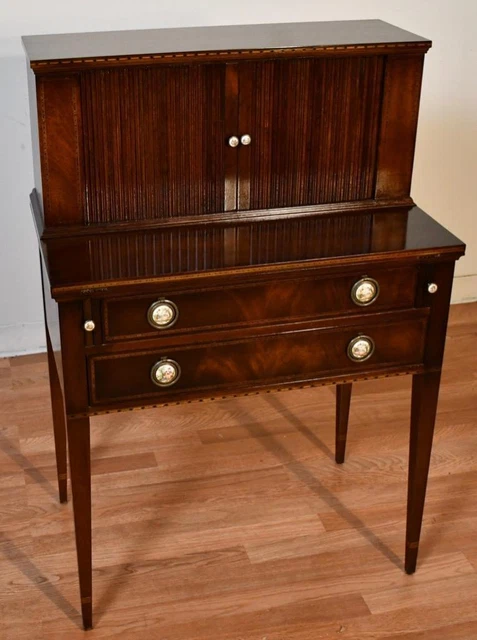 1930 English Edwardian Mahogany inlaid secretary / Writing tambour desk