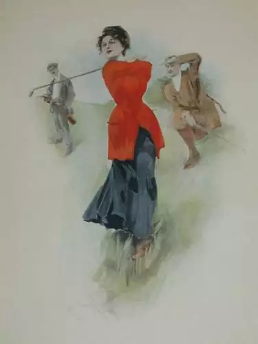 Golf Sport Spielerin kolorierte Original Lithographie um 1895