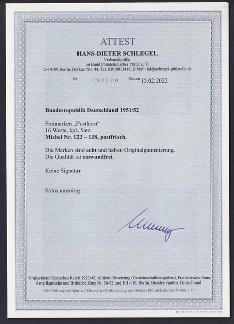 Bund 123-138 Posthorn 16 Werte postfrisch Foto Attest Schlegel einwandfrei