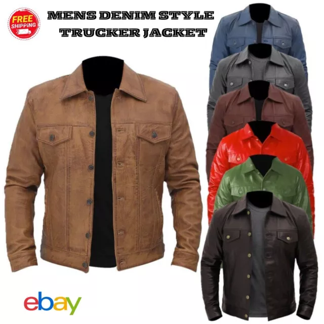 Mens Trucker Jacket Vintage Denim Style Western Cowboy Leather Shirt Biker Wear