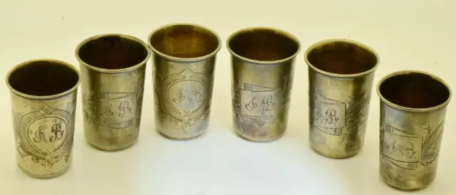 Antique Imperial Russ Tsar Era Vodka Cup Engraved Silver Set of 6 Pieces c1880's