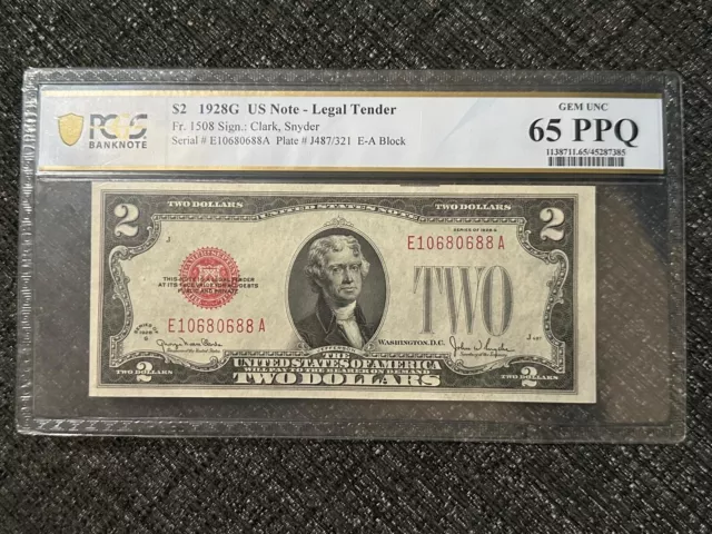 1928G 2$ Two Dollar Red Seal Note - Very Rare PCGS Graded GEM UNC 65 PPQ