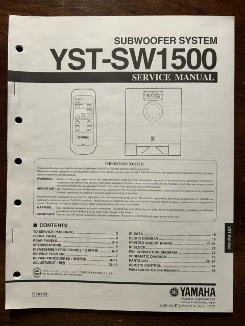 Yamaha YST-SW1500 Subwoofer System Service Manual Original Vintage Rare