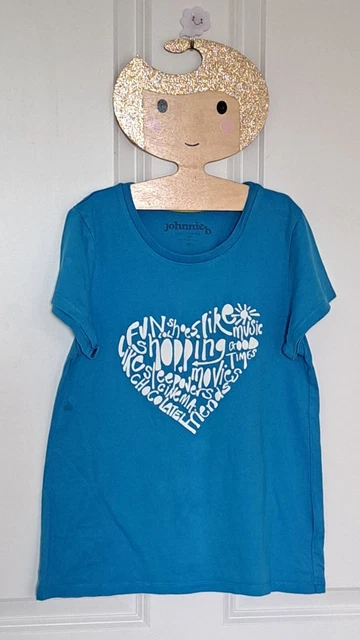 JOHNNIE B BODEN TURQUOISE BLUE/WHITE HEART T-SHIRT/LONG TUNIC TOP- Age 7-8 Years
