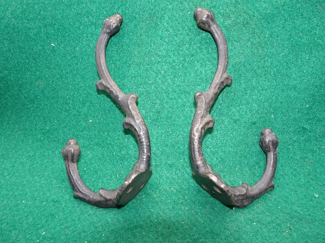 2 Antique Cast Iron Double Wall Hooks W/ Acorn Design  3-1/2”