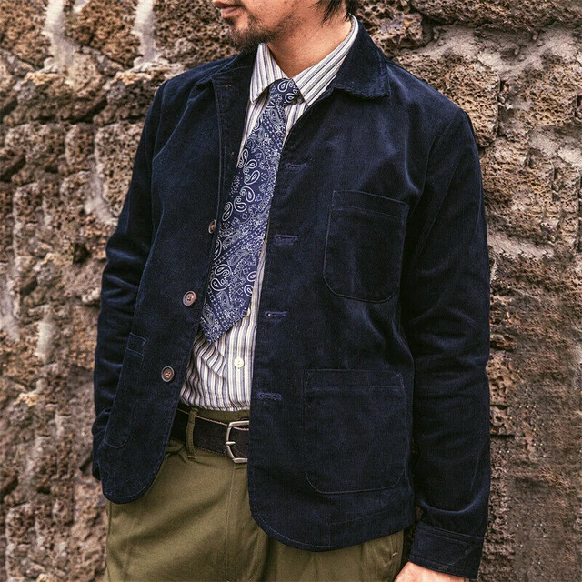 Red Tornado Vintage French Style Corduroy Jacket Men Safari Hunting Coat Slim