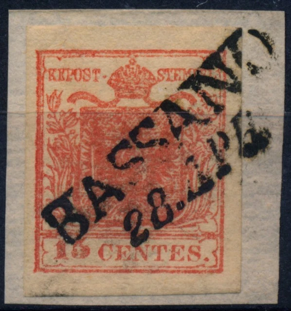 LOMBARDEI-VENETIEN 1850 15C, HP, Type II. U.M.! ÜBERFÄRBTER DRUCK! BASSANO