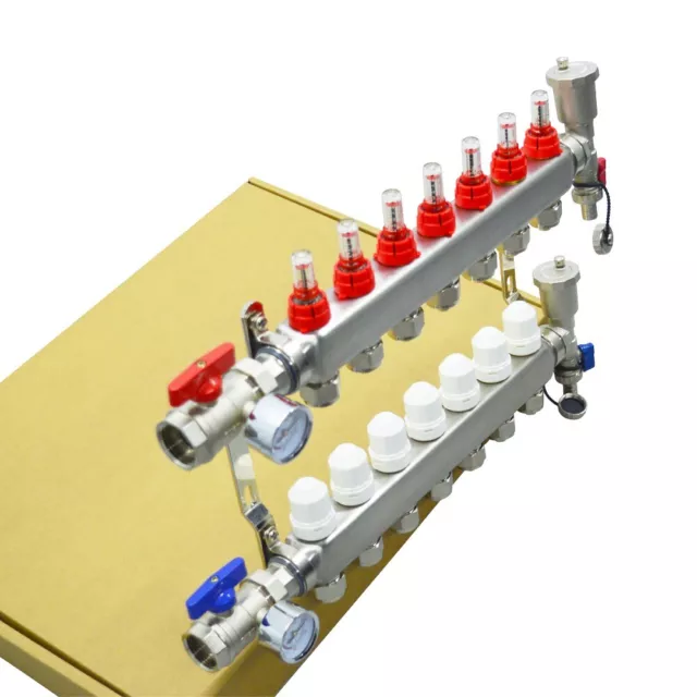 7-Loop PEX Radiant Floor Heating Manifold Set For 1/2” PEX Stainless Steel