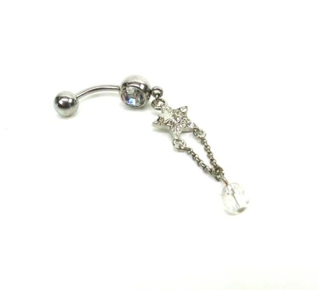 Star Charm Dangle Belly Button Ring Clear CZ Gems Surgical Steel Navel Ring 316L
