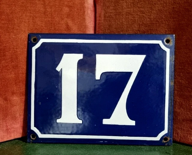 French vintage Large domed enamel house white raised number 17 for door street