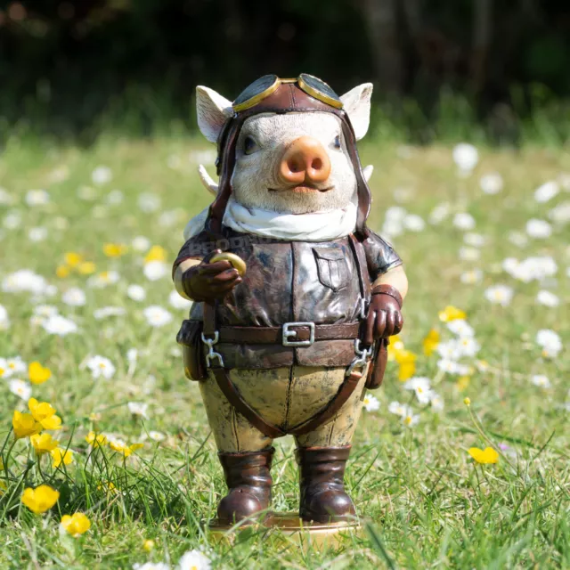 Quirky Flying Pig Pilot With Wings Garden Ornament 26cm Resin Standing Sculpture 2