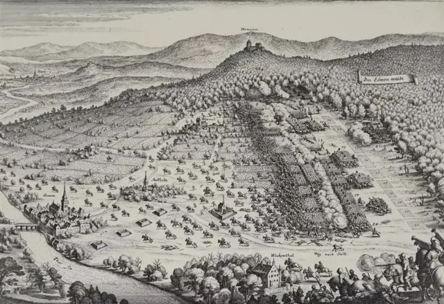 FELDSCHLACHT IM ELSASS - Vogelschau - Matthäus Merian - Kupferstich 1643