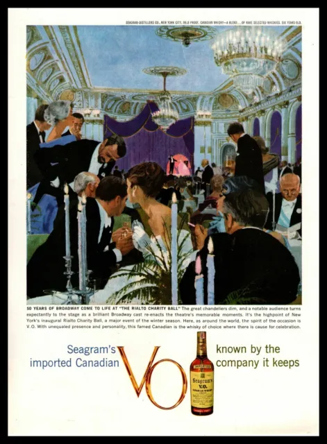 1960 Seagram's V.O. Whisky "Rialto Charity Ball" Broadway Play Scene Print Ad