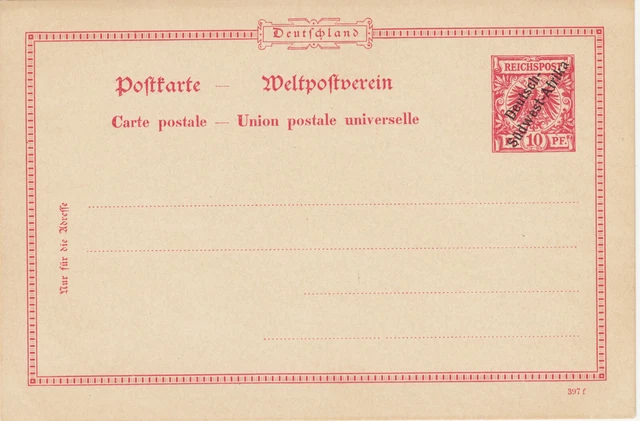 DSWA, deutsche Kolonie Postkarte P2, D-Sw-Afrika 10 Pfg. rot, Mi.Nr.3