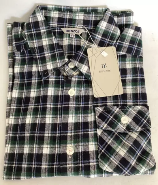 Camicia a quadri verde blu nuova 9-10 anni calda flanella bottoni manica lunga