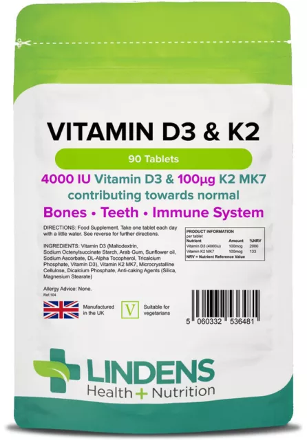 Lindens Vitamin D3 4000 UI & K2 Mk7 100mcg 4-PAQUET 360 Comprimés