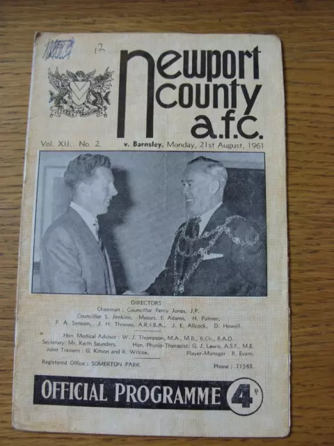 21/08/1961 Newport County v Barnsley  (writing throughout, folded)