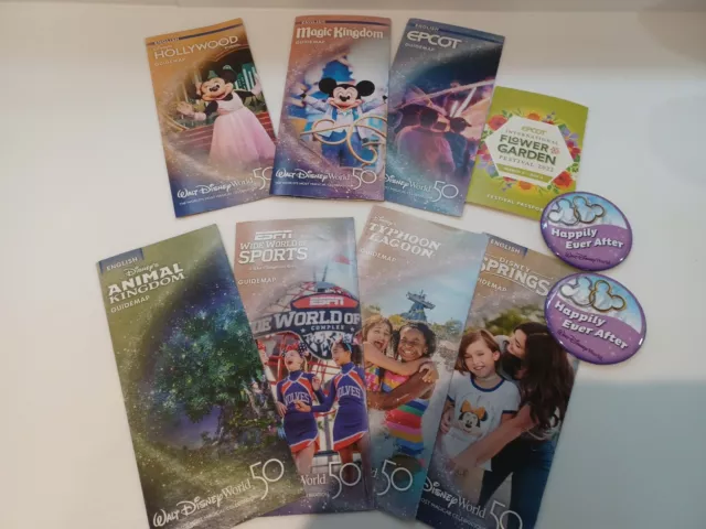 Walt Disneyworld 50Th Anniversary Theme Park Guide Maps  +  Wedding Badges