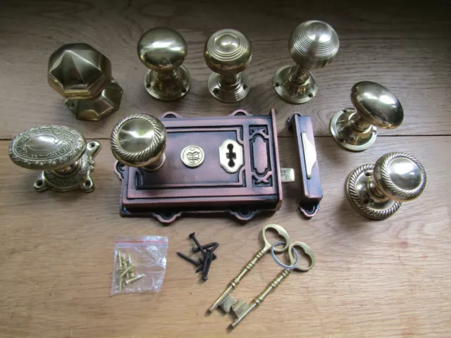 Solid brass Door Rim Knob & lock rustic vintage victorian country cottage handle