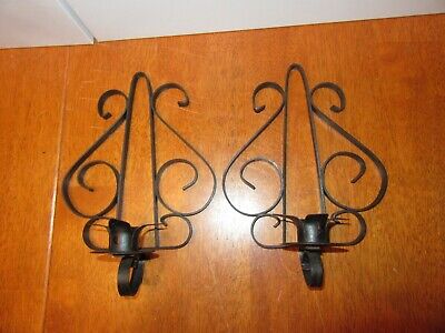Vintage Pair Set 2 Metal Wrought Iron Gothic Wall Sconce Candle Holder Shelf