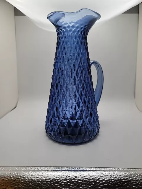 Vintage Empoli Pitcher Carafe Vase Blue Diamond Point Italian Art Glass Rare MCM