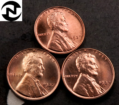 1937+1937-D+1937-S Lincoln Wheat Penny Cent Set-Lot // Gem BU (red) // 3 Coins