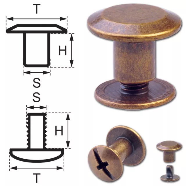 50 Schraubnieten Gürtelschrauben Buchschrauben Chicago Screws messing-antik 5MM