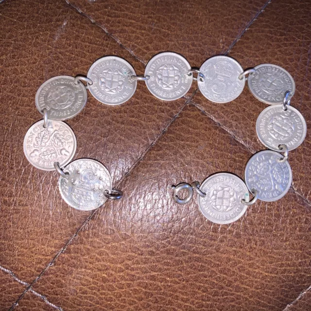 10,British, Three Pence, King George V & Vi  1917 - 1941 Silver Bracelet.