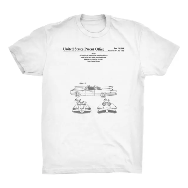 Batmobile Patent T-Shirt. Batman Tee Comfy on Black White or Gray. Premium. NEW
