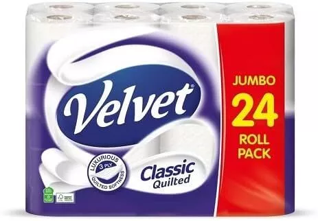 Velvet Classic Quilted Toilet Paper Bulk Buy, 24 White 3 ply Toilet Tissue