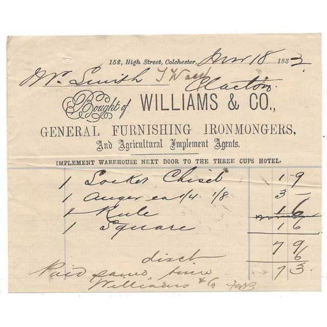 1882 Billhead, Williams & Co, General Furnishing Ironmongers, High St COLCHESTER