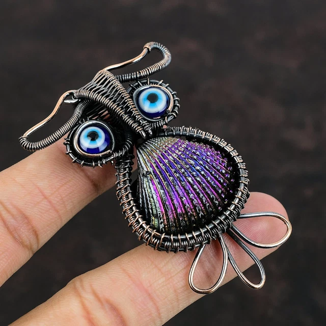 Titanium Coated Shell Copper Gift For Sister Wire Wrapped Owl Pendant 2.76"