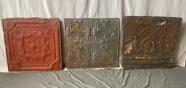 Lot of 3 Antique Tin Ceiling  2' x 2' Shabby Tile 24" SQ Chic VTG Crafts 66-23A
