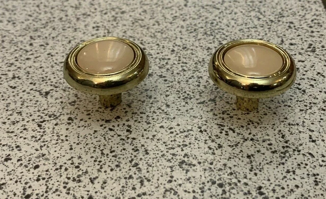 2 Knobs Beige Ceramic Brass Round Pulls Cabinet Drawer Heavy Mid Century Vintage