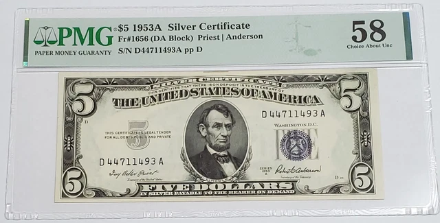 1953 A $5 Dollar Silver Certificate Fr#1656 (DA Block) PMG 58 Choice About UNC