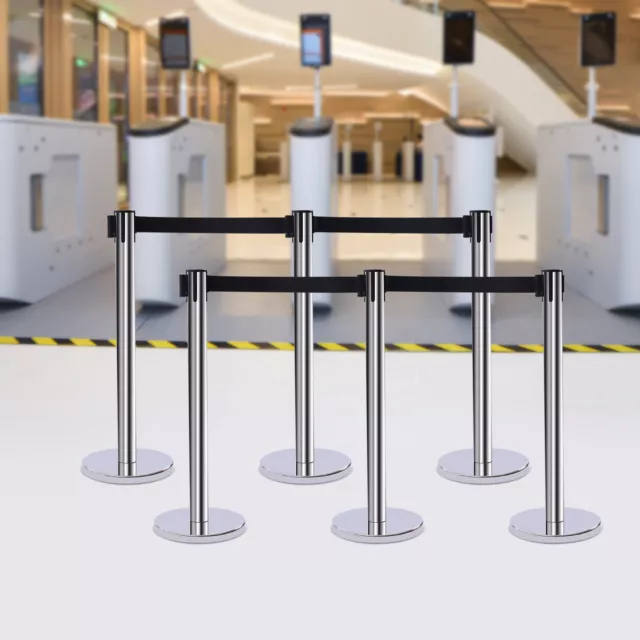 6 PCS Crowd Control Stanchion Posts Set, w/ Black Retractable Belt Queue Barrier