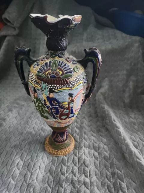 Antique Japanese (1868-1910) Moriage Satsuma 12" Hand Painted Urn Vase