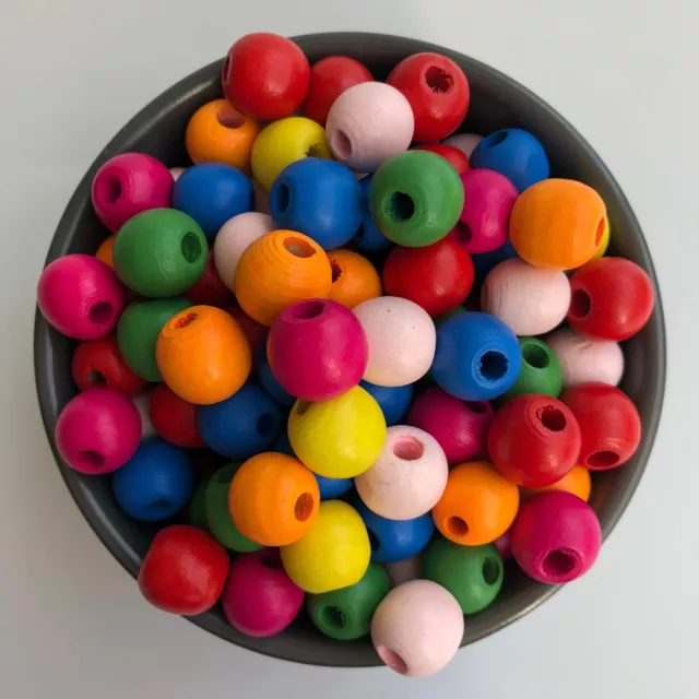 25X Mixed Primary Colour Wood Beads 14mm Round Wooden DIY Craft Bead