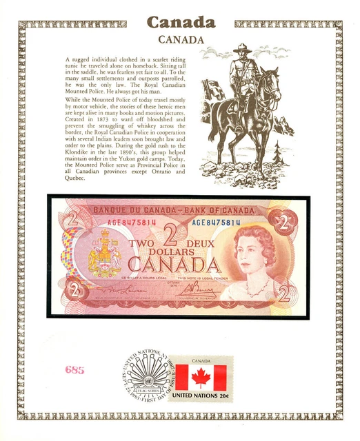 Canada 1974 2 Dollars P 86a UNC w/FDI UN FLAG STAMP AGE8475814